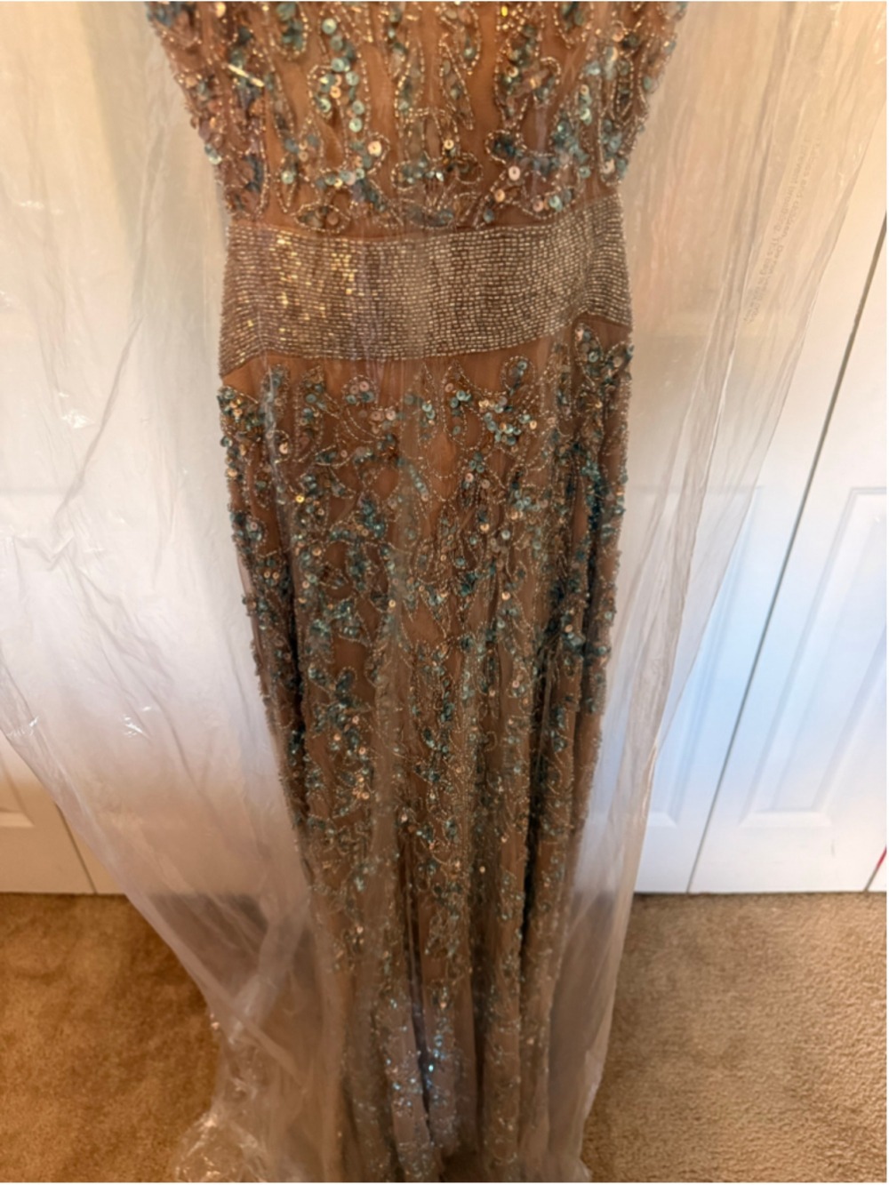 Women's Beaded Sequin Dress Size 4 Beige Blue - Picture 7 of 15